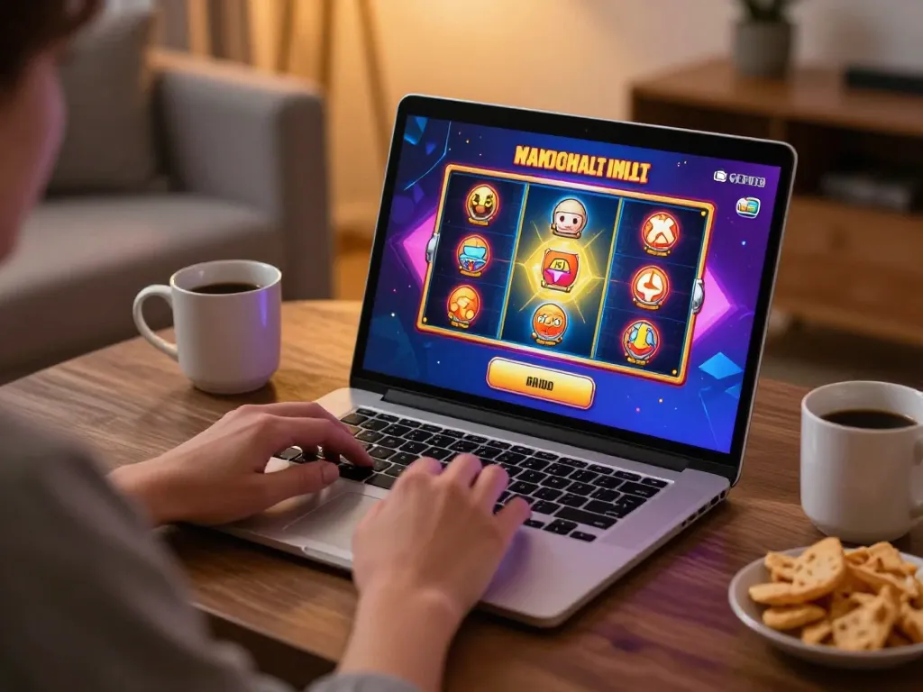 Engaged player enjoying Bem88 online slots in a cozy home setting, conveying responsible gaming.