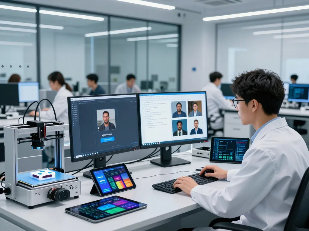 Focused scientist utilizing an image to prompt ai tool in a modern tech lab analyzing images and generating prompts.