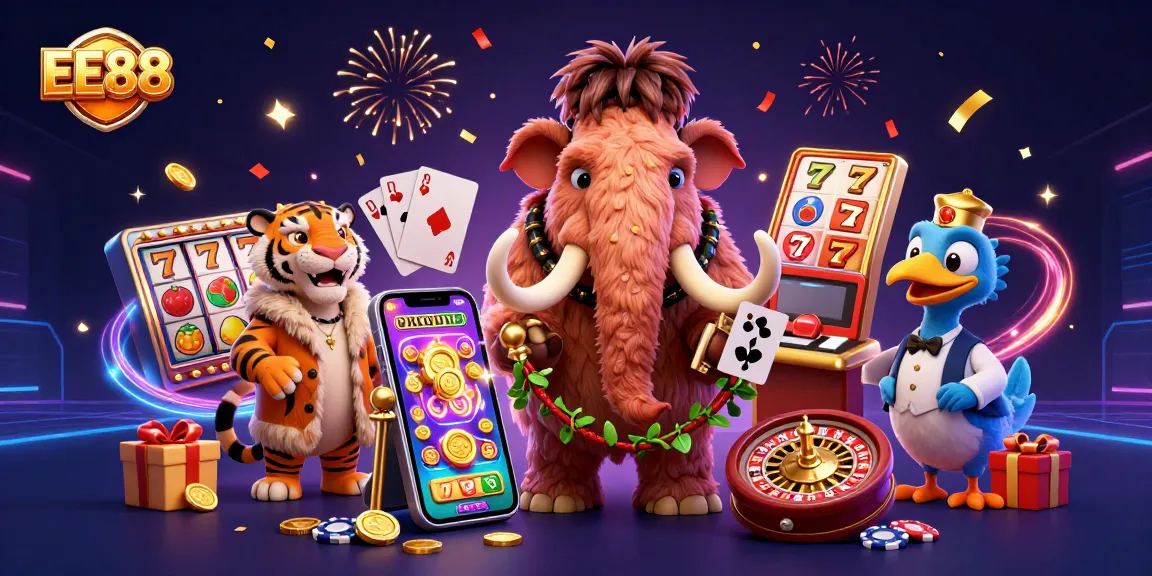Engage with EE88's vibrant casino scene featuring a woolly mammoth and a saber-tooth tiger.