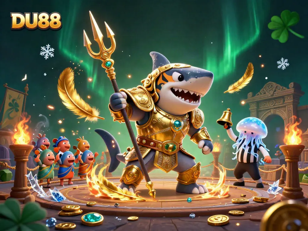 Engage in thrilling gaming action at DU88 with a vibrant underwater colosseum featuring a dynamic shark warrior.