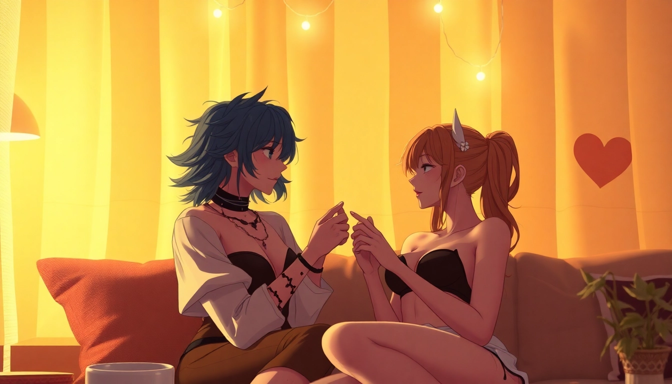 NSFW roleplay characters in an intimate, cozy virtual setting with detailed designs and warm lighting.