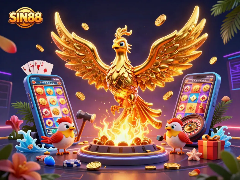 SIN88 engages players with an exciting scene of molten gold, vibrant slot games, and casino elements