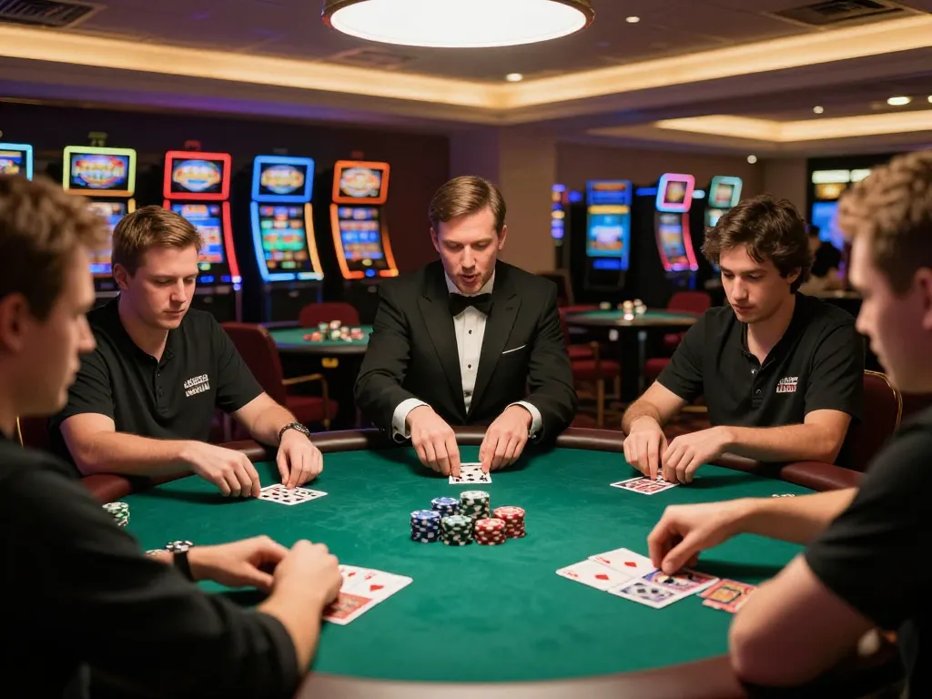 dv88 players enjoying a high-stakes poker game at an upscale casino table, vibrant atmosphere with chips stacked.