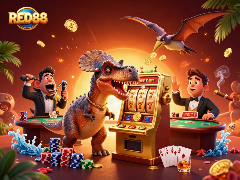 Experience the excitement of RED88 as a pachycephalosaurus wins jackpots among vibrant casino elements.