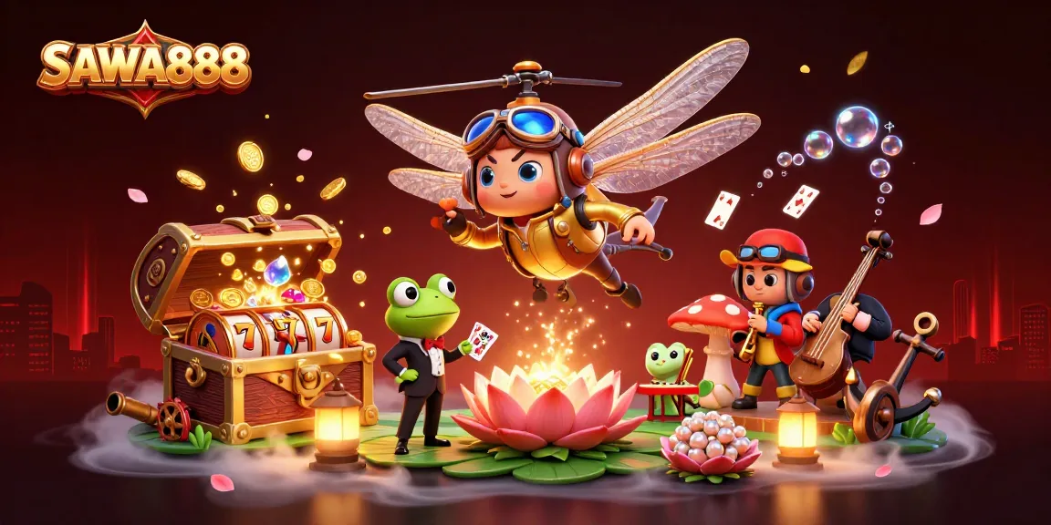 Experience thrilling slots and card games at SAWA888 with a vibrant gaming scene featuring a dragonfly pilot, frog croupier, and jazz musicians.