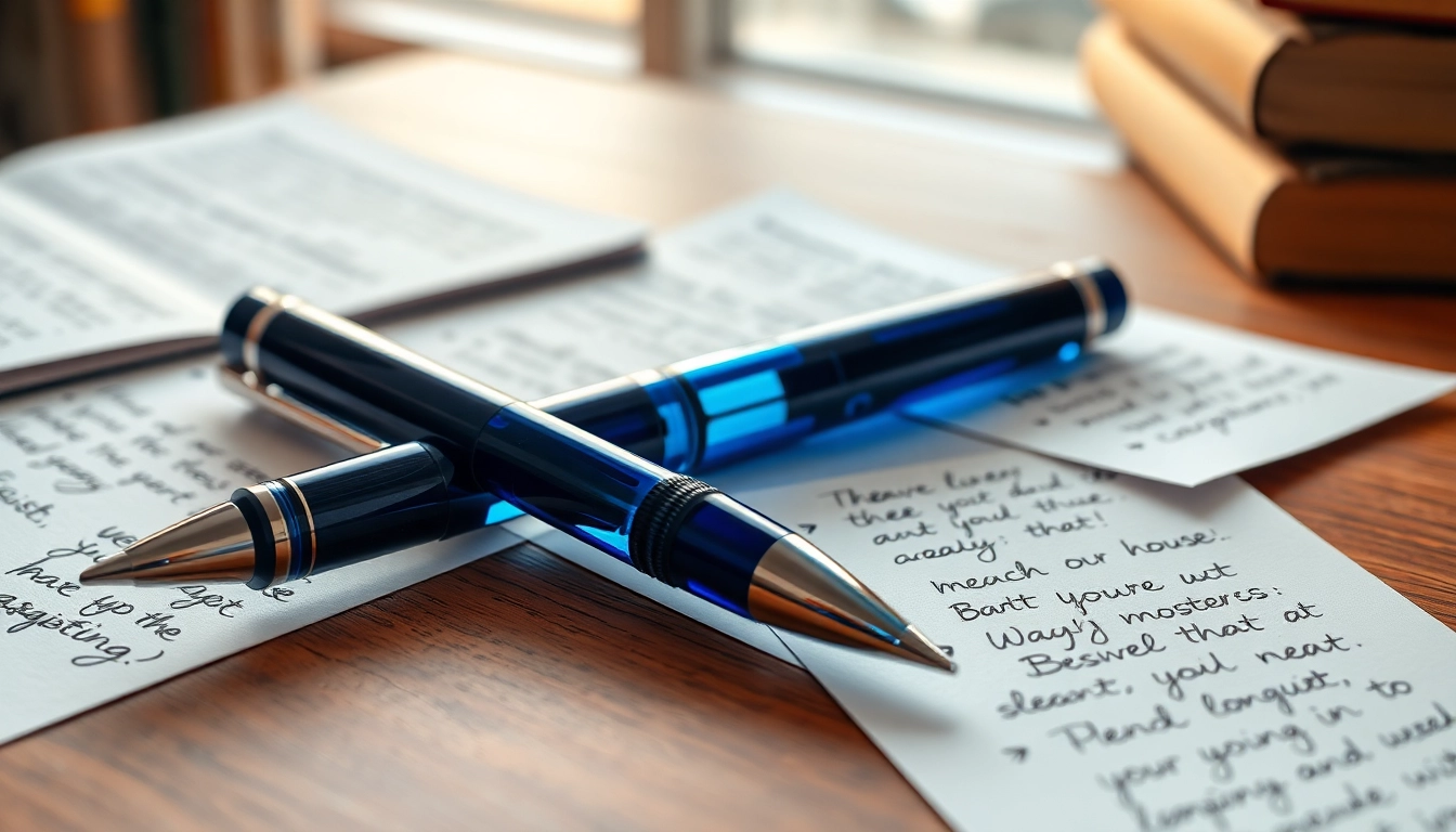 Write smoothly with a ergonomic blue handwriting pen on paper.