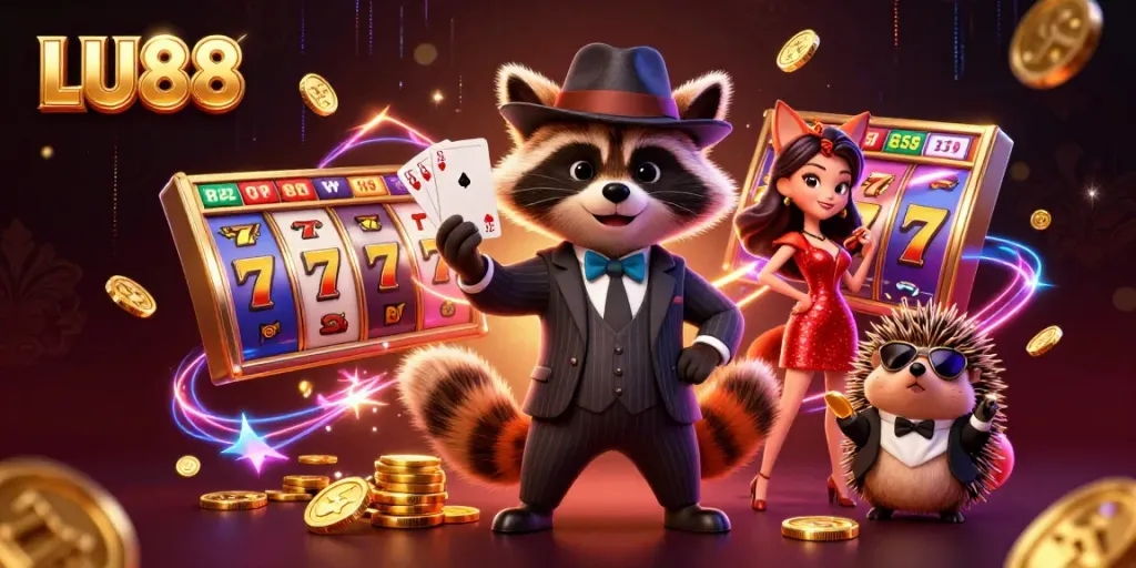 LU88 enchantingly showcases a suave raccoon, elegant fox, and a hedgehog bouncer in a rich casino environment.