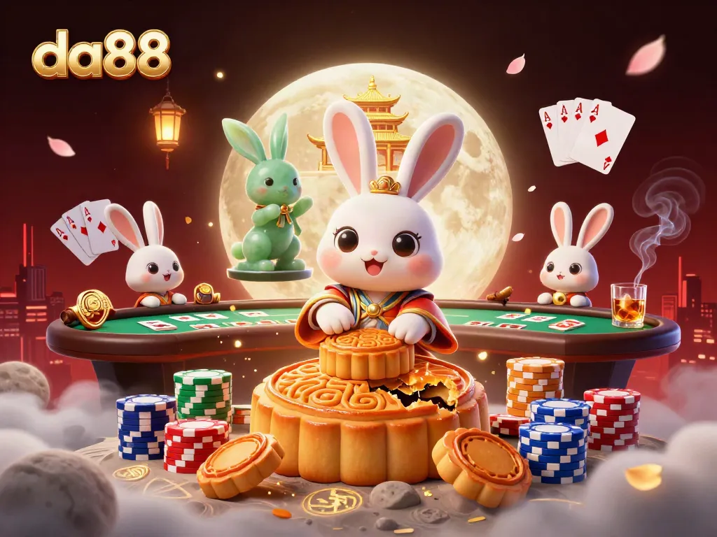 Experience thrilling moments with da88 as playful moon rabbits reveal poker chips in a vibrant casino scene.