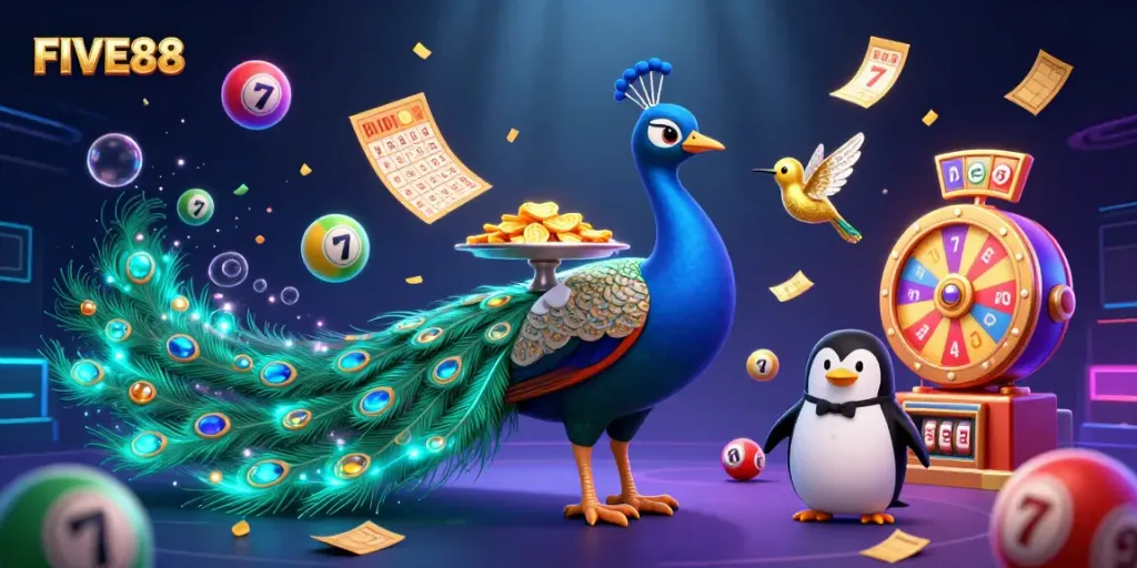 Experience the excitement of FIVE88 with this vibrant 3D illustration featuring a peacock and gambling themes.