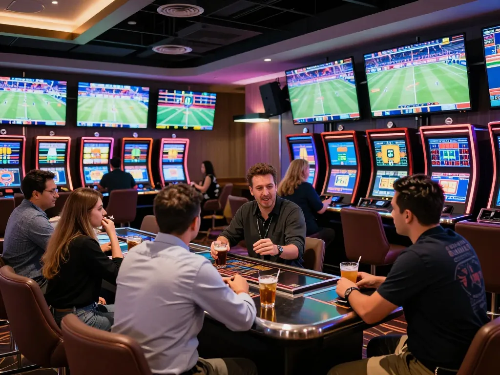 N188 sports betting lounge with patrons placing bets and cheering for their teams.