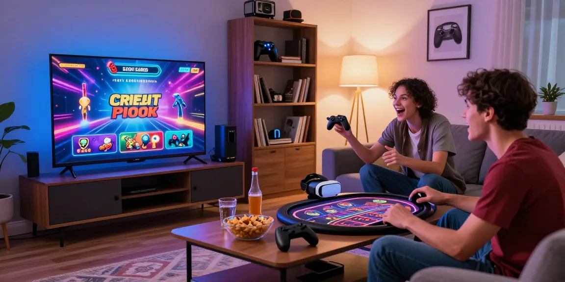 Excited friends enjoying online gaming at a credit card casino on https://transact.org.uk with snacks and atmospheric lighting.