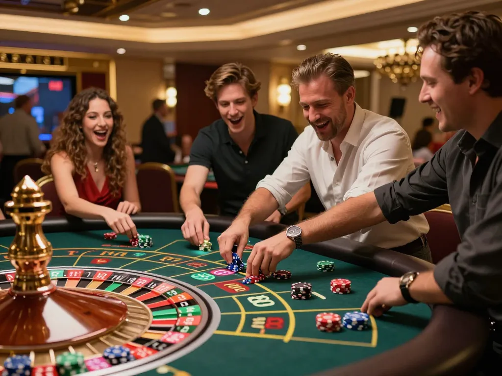 RR88 players engaged at a roulette table, vibrant atmosphere and thrilling gameplay
