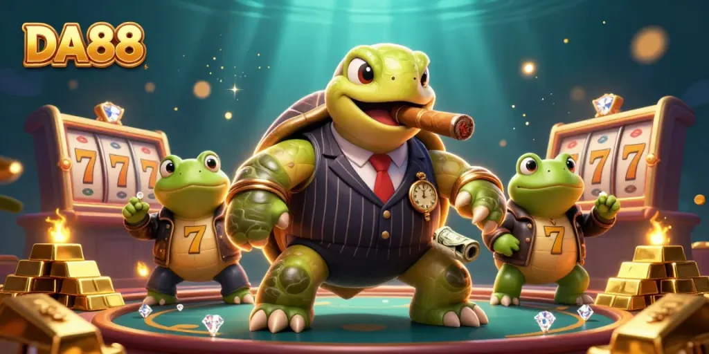 Engage in DA88 slots with a vibrant scene featuring a snapping turtle mobster and casino lights.
