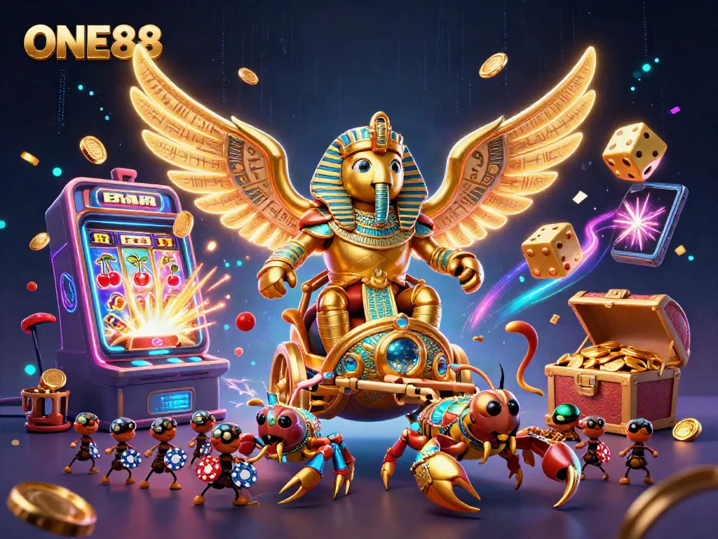 Experience the thrilling world of ONE88 with vibrant casino elements and a golden scarab as a central character.