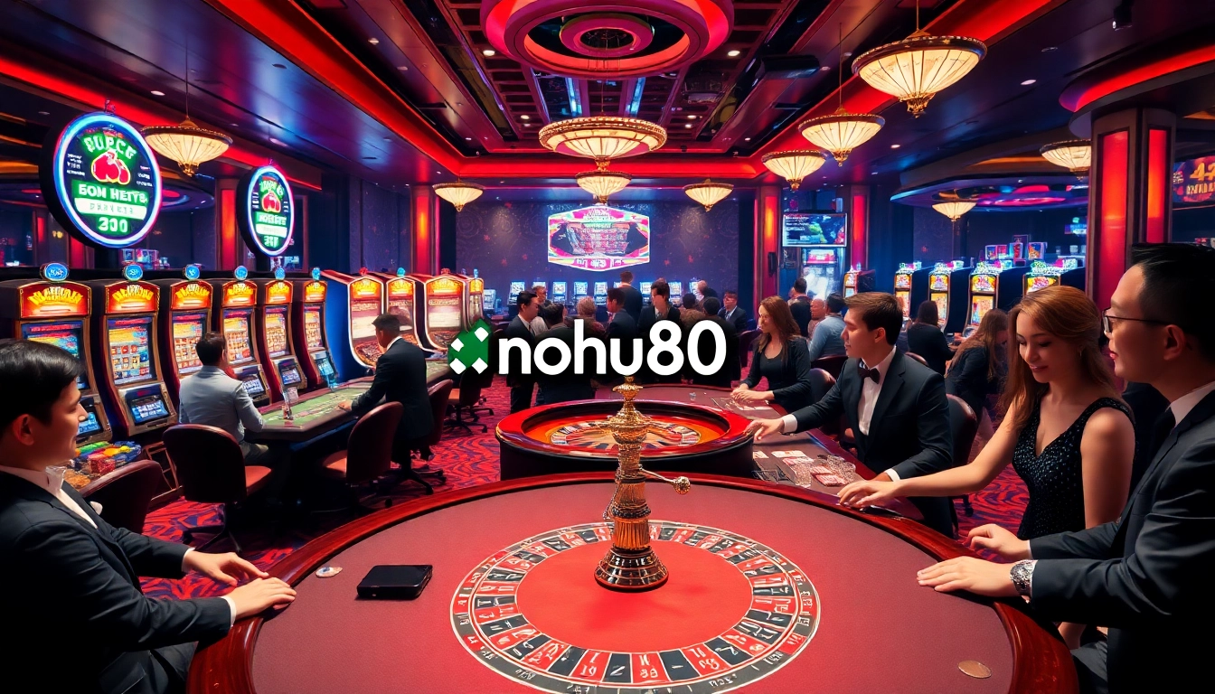 Engaging scene showcasing players enjoying gambling at nohu90 casino tables with vibrant slot machines.