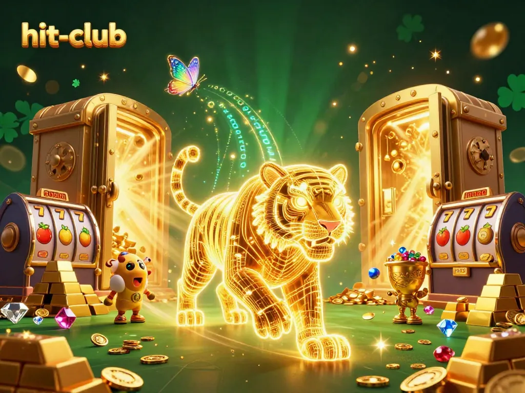 Play at hit-club to win big with vibrant slot reels and sparkling jackpots in a stunning casino scene.
