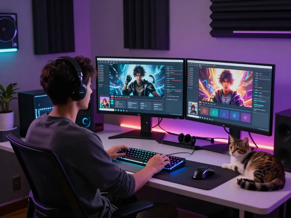 User engaging with NSFW character AI on multiple monitors in a modern workspace, showcasing immersive roleplay scenarios.