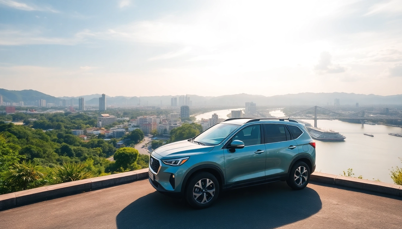 Car rental in Kuching Sarawak with a scenic backdrop of the Sarawak River and city skyline.