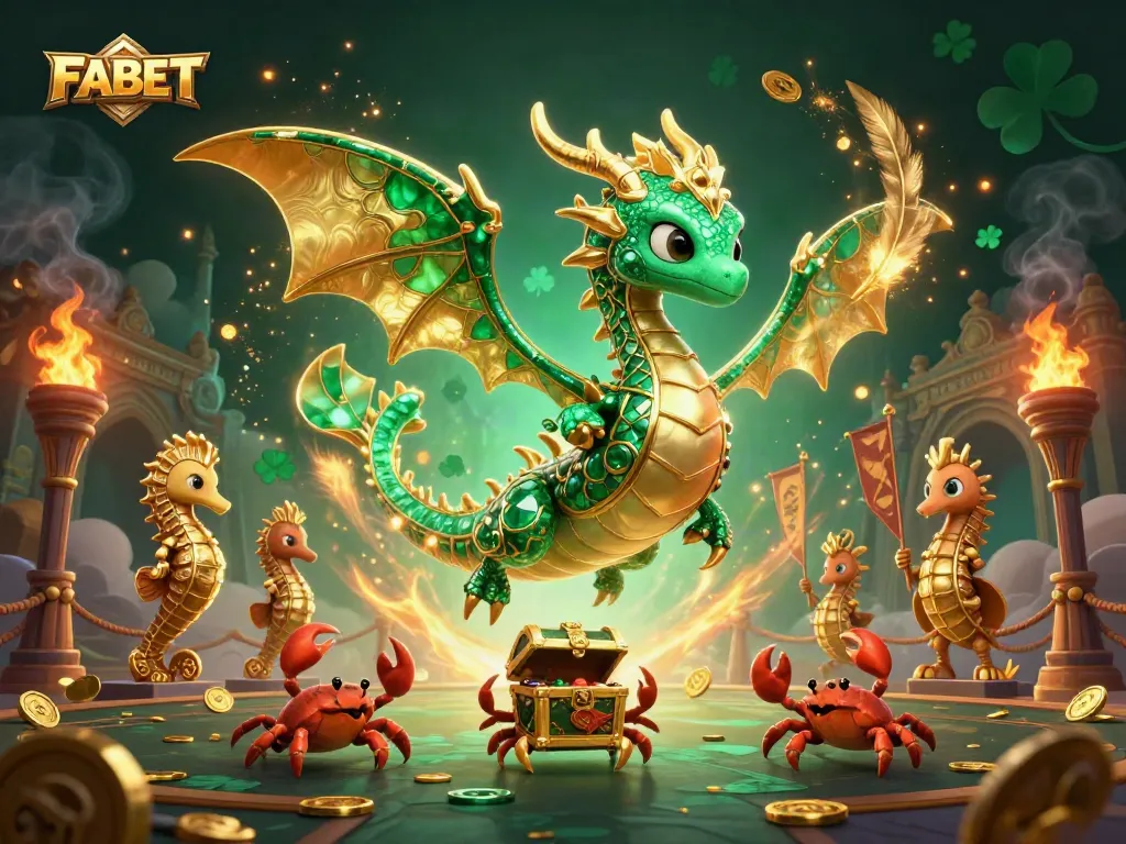 Engage in thrilling games at FABET with a whimsical 3D sea dragon and vibrant casino elements.
