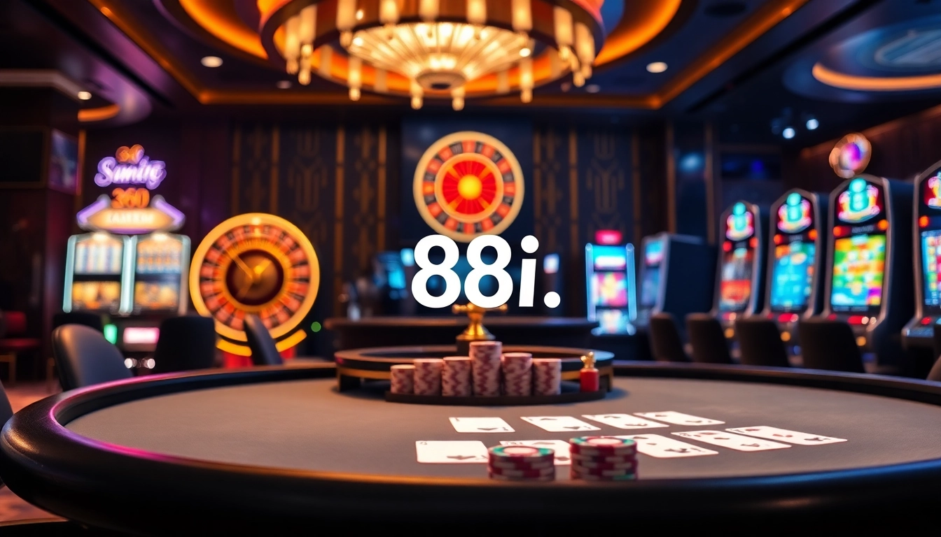 88i players enjoying a luxurious casino experience with poker chips and a roulette wheel