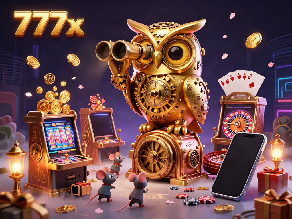 Engage with the mystical world of 777x as a golden owl magically scans a colorful casino filled with slot games and treasure.
