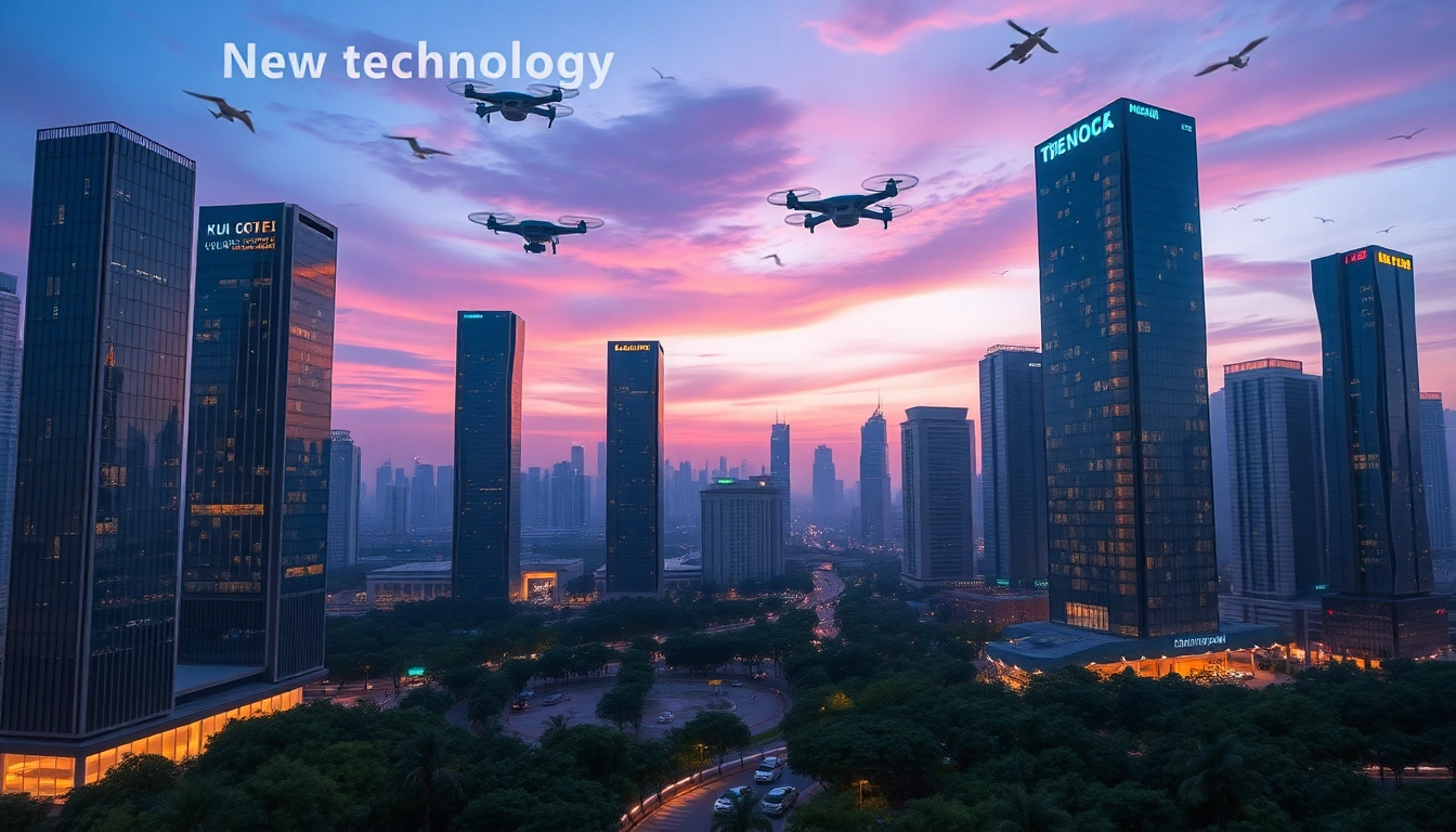 Explore the future of New Technology in a vibrant urban landscape with drones and electric vehicles.