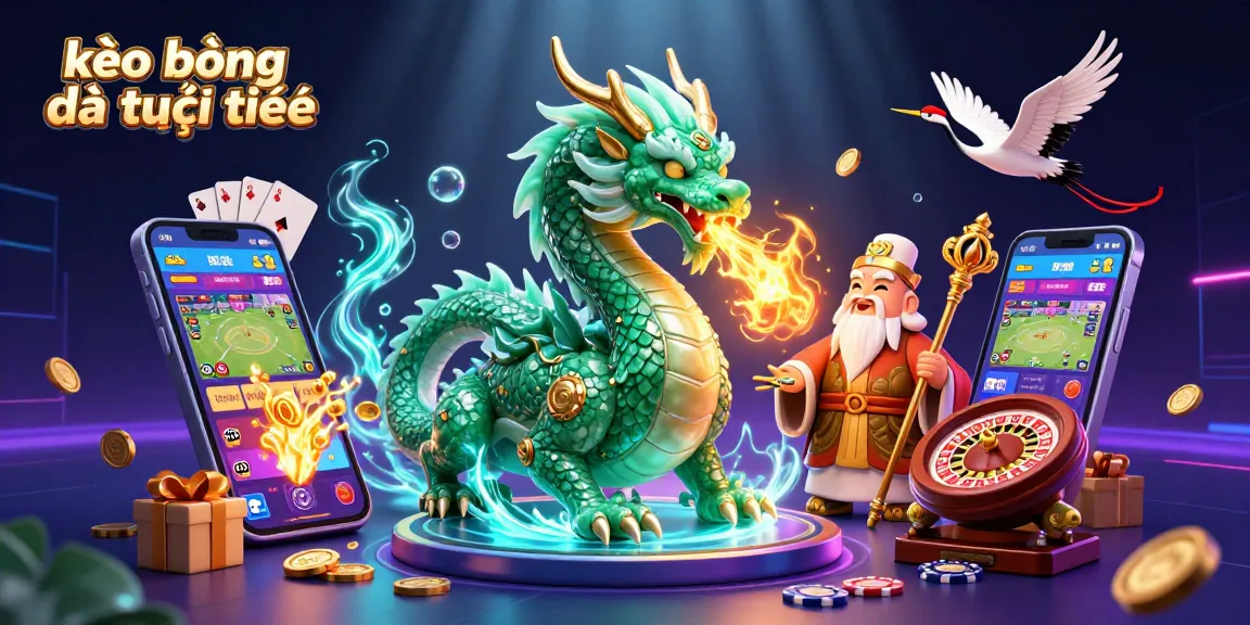 Bet on kèo bóng đá trực tuyến with a lively scene featuring a powerful dragon and sports betting elements.