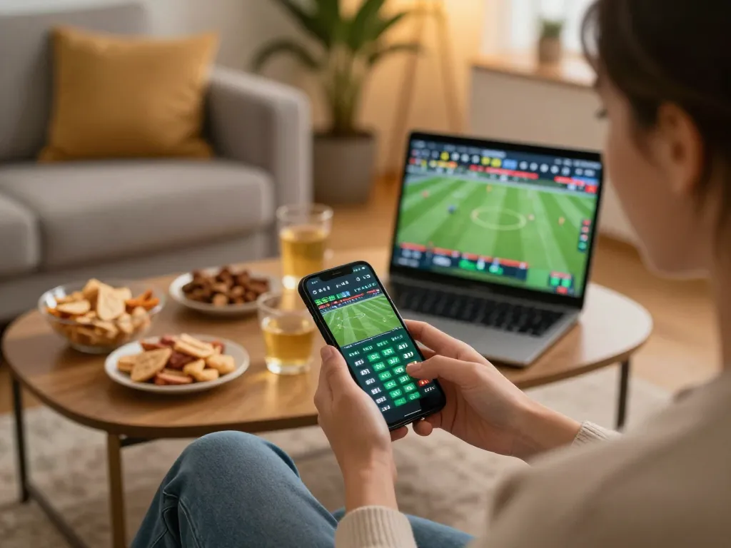 F168 mobile sports betting action captured in a cozy home setting with dynamic live odds.