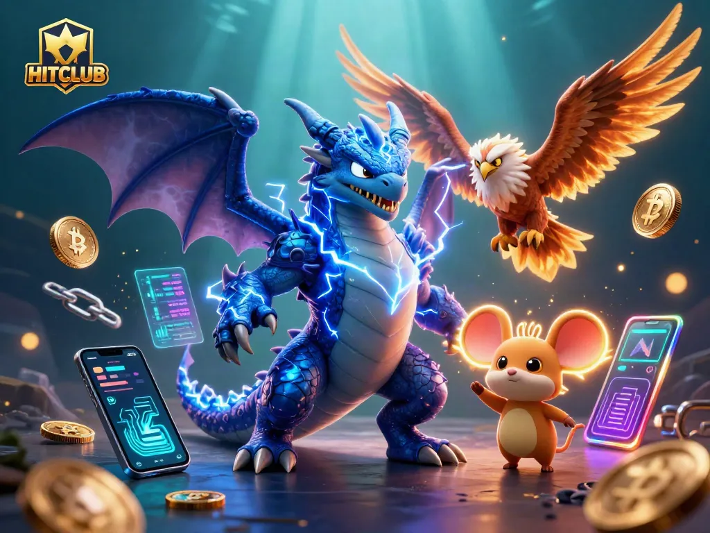 Engage with HITCLUB's thrilling atmosphere featuring a dynamic casino scene filled with colorful elements.