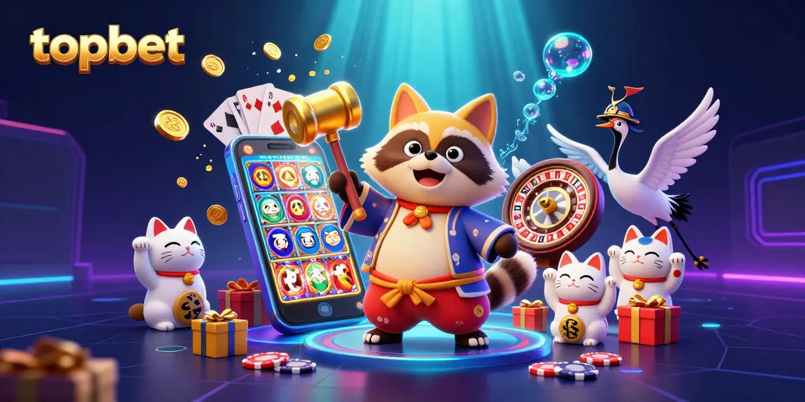 Engage with topbet through a vibrant casino scene featuring a tanuki and fortune cats amidst exciting game elements.