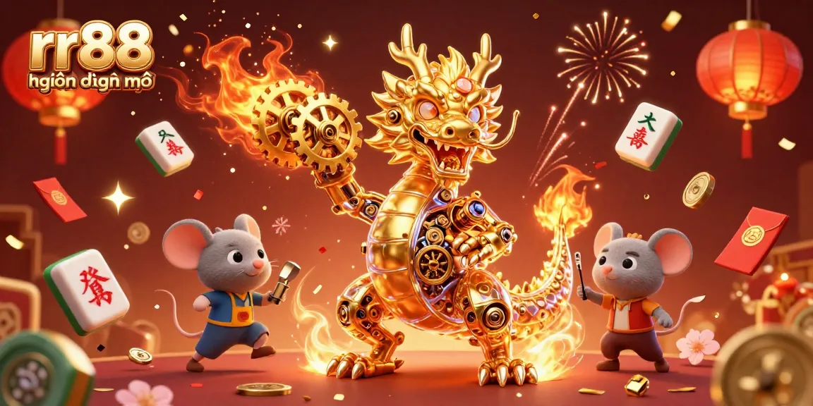 Play at rr88 hiện đang mở with rich 3D casino atmosphere, featuring a golden dragon and festive elements.