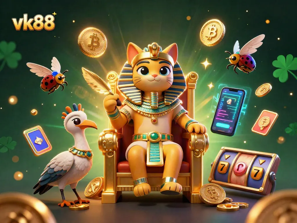 Experience thrilling wins at vk88 with an Egyptian pharaoh cat surrounded by online gaming elements.