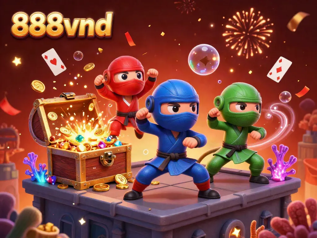 Experience immersive action with 888vnd's lively casino-themed digital illustration featuring a ninja chameleon team.