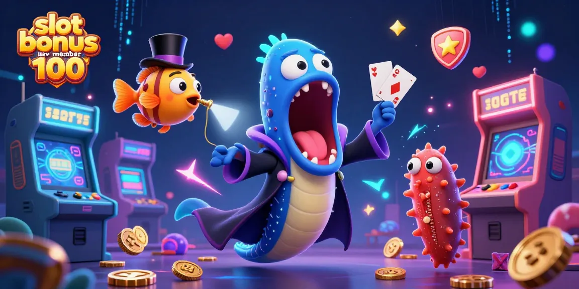 Menangkan slot bonus new member 100 dengan ilustrasi 3D penuh warna dan elemen kasino dinamis.