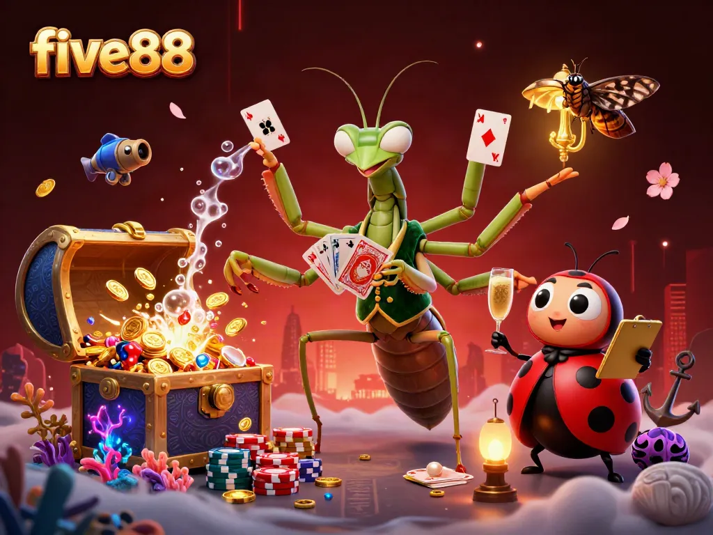 Experience excitement at five88 with a giant praying mantis dealer in a vibrant casino scene.
