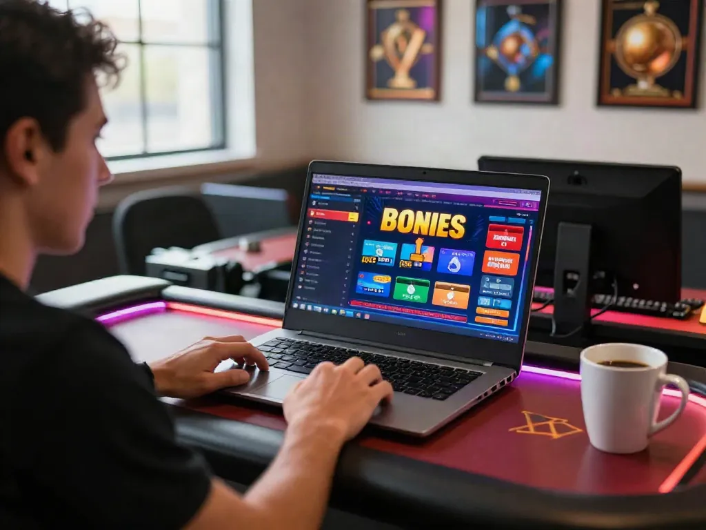Exciting online casino environment featuring a player at a gaming desk with vibrant colors and credit card promotions, highlighting casinos that take credit cards.