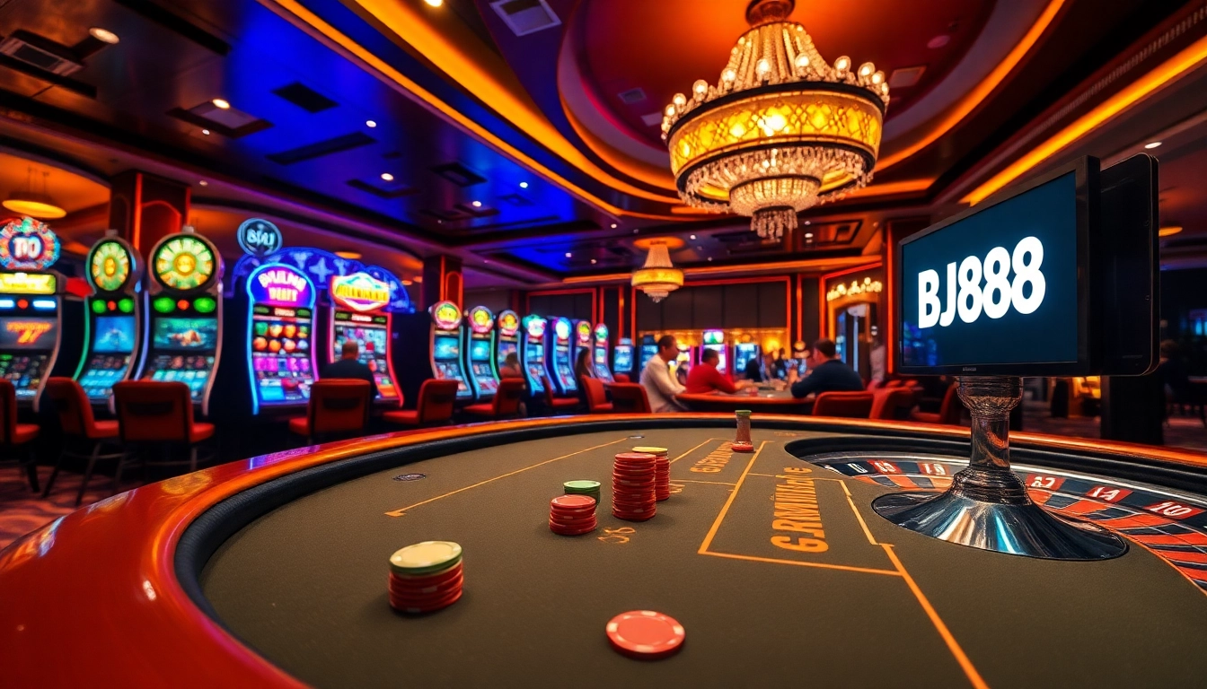 A vibrant casino scene featuring BJ88 poker activities, colorful chips, and spinning roulette wheel for an exciting gambling experience.