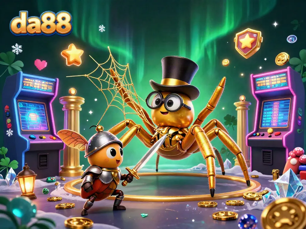 Engage in thrilling da88 casino action featuring a golden tarantula weaving webs amidst vibrant gaming elements.