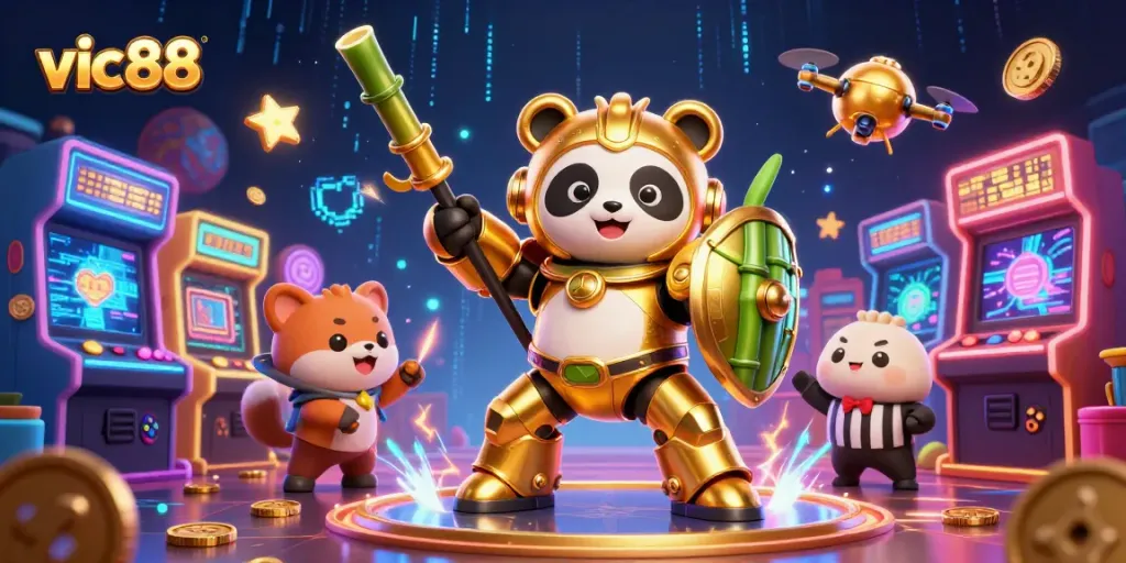 Play at vic88 in a thrilling casino scene with animated characters and arcade elements.