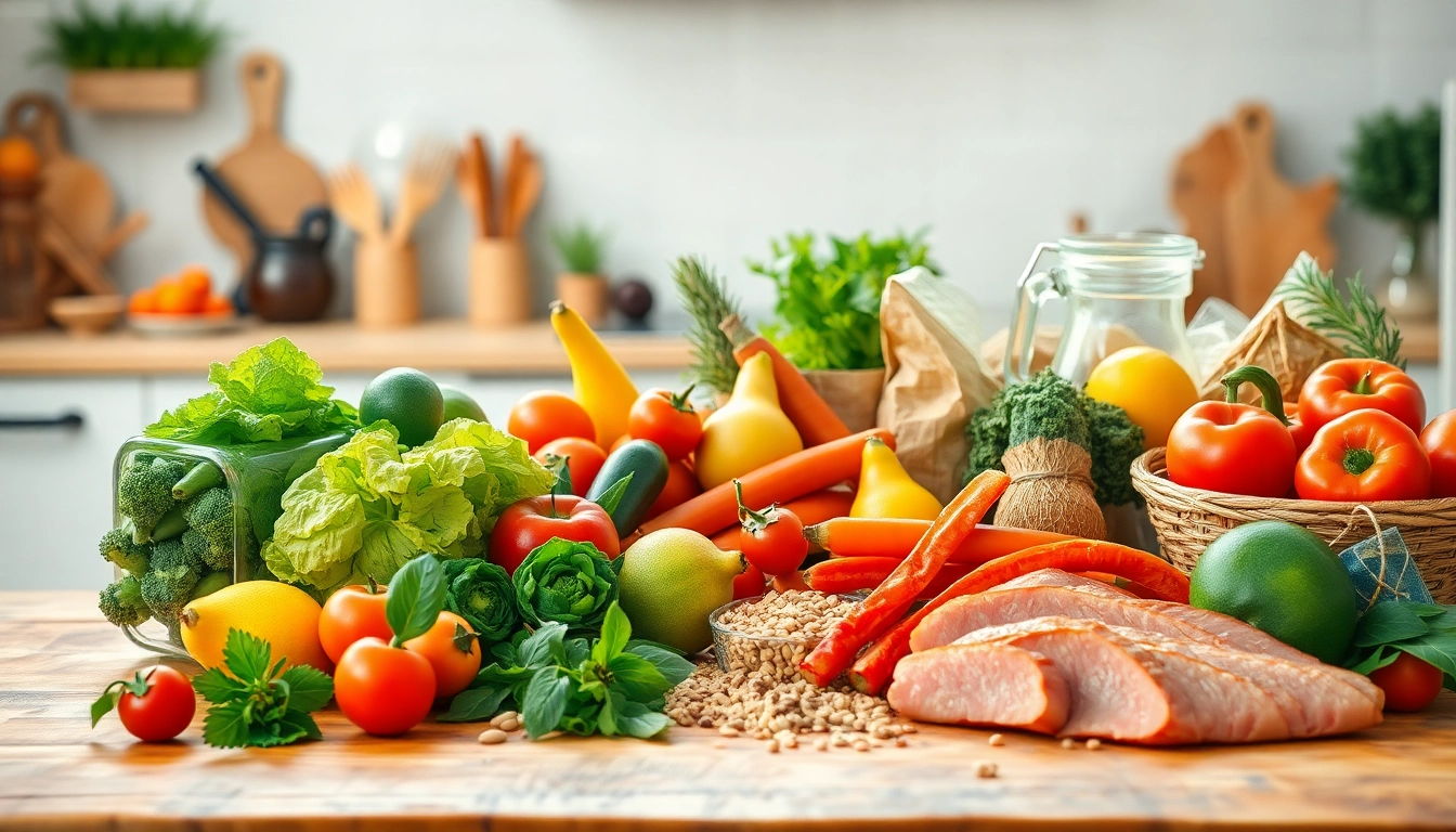 Healthy food spread featuring fresh fruits, vegetables, and grains on a rustic table.