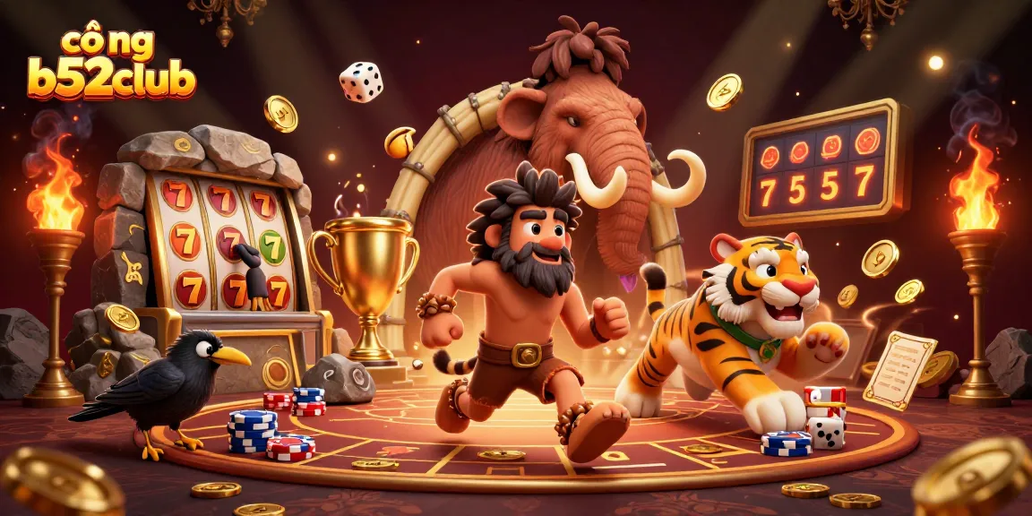 Cổng b52club enhances gameplay with dynamic slots and colorful casino elements in a vibrant 3D illustration.
