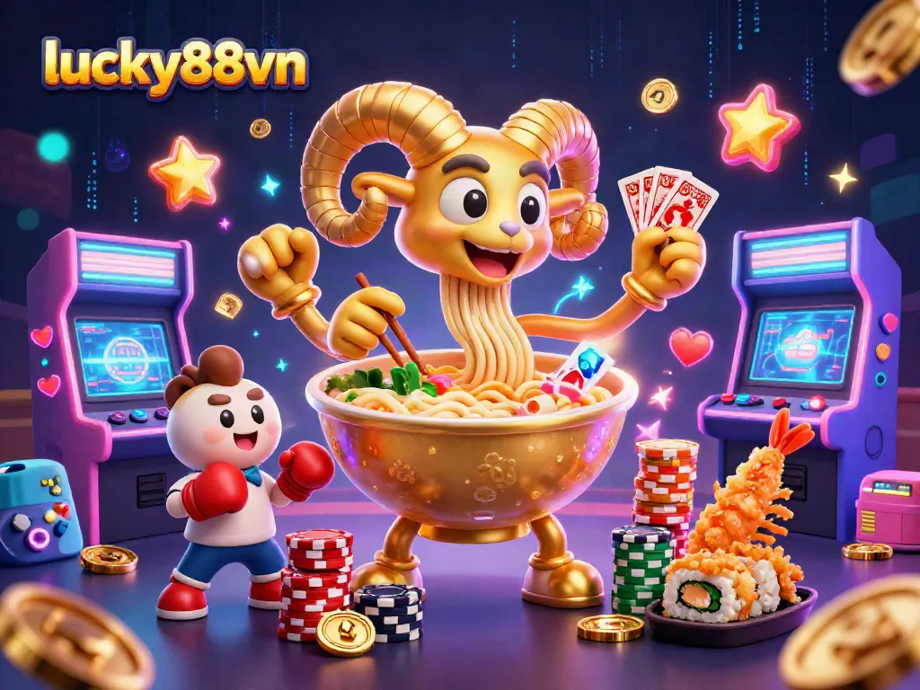 Engage with lucky88vn's thrilling online casino experience featuring a vibrant golden ramen bowl character.