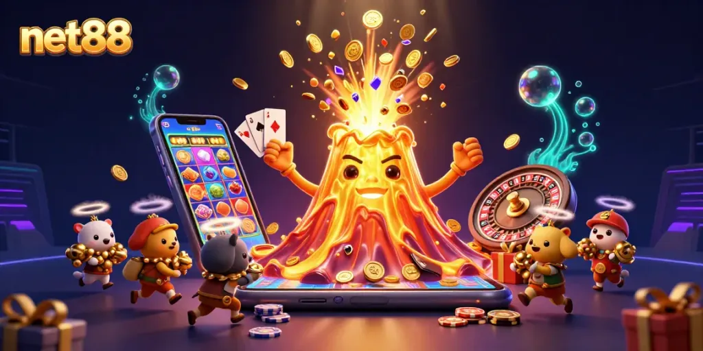 Engage with net88's thrilling online casino experience featuring a golden volcano and treasure-filled adventures.