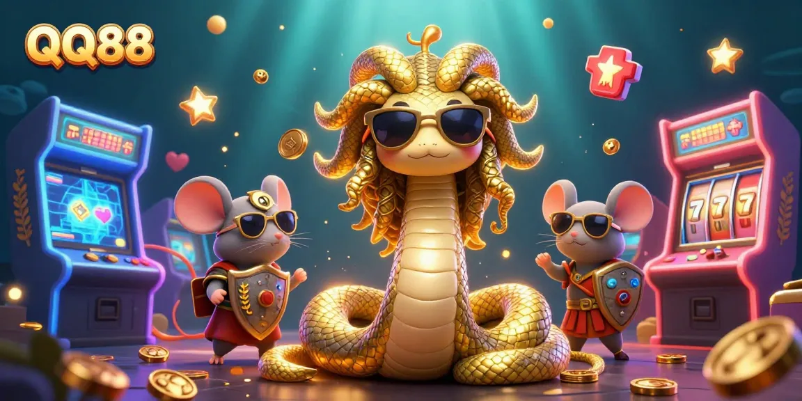 Experience thrilling gameplay at QQ88 with Medusa and a warrior mouse in an engaging casino scene.