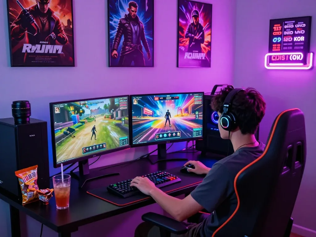 Engaged gamer enjoying real porn games in an immersive gaming space.