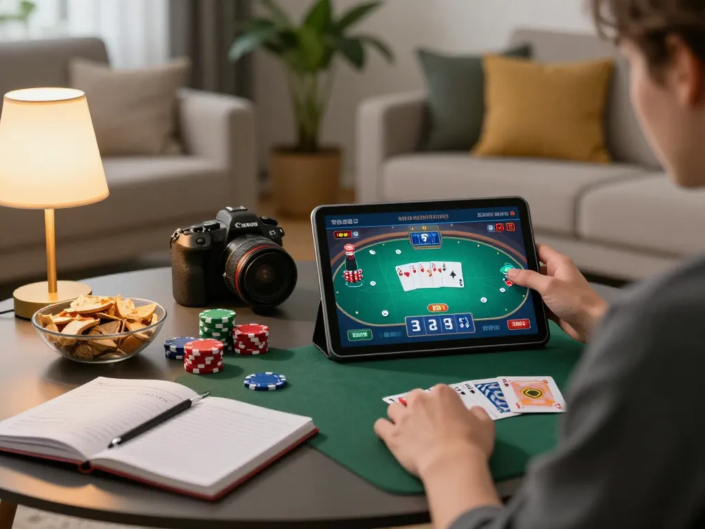 Enjoying game bai doi thuong on a tablet with engaging poker interface and thoughtful strategy notes