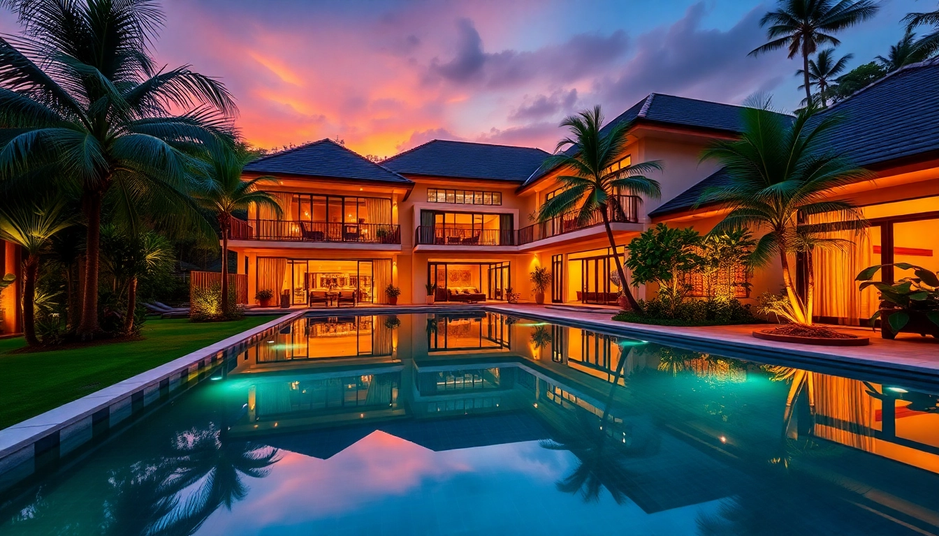 Showcase villa management in Phuket, highlighting pristine villas amidst a lush tropical backdrop, inviting guests to relax.
