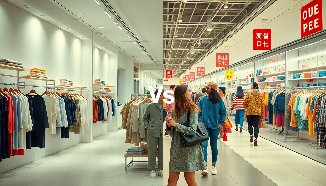 Explore the contrasting styles of muji vs uniqlo in a split urban scene, highlighting minimalist and vibrant fashion aesthetics.