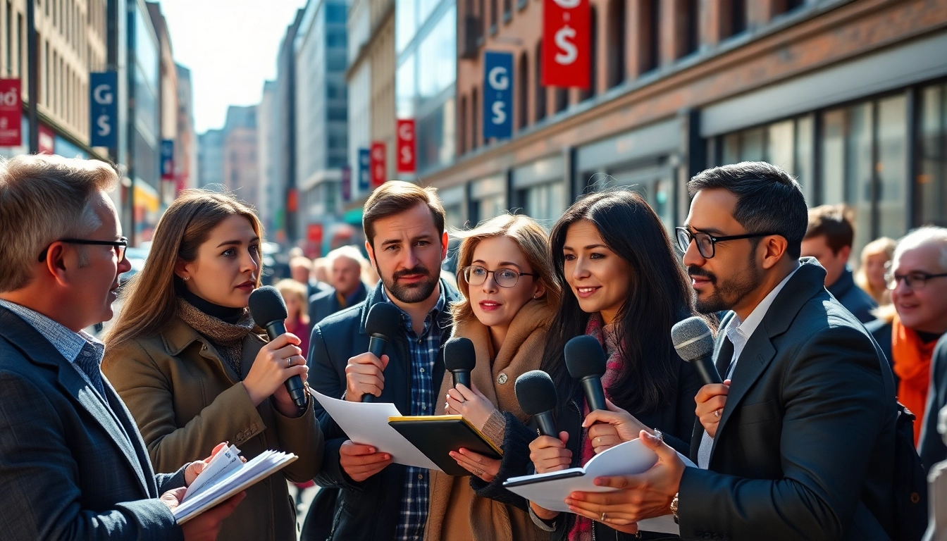 Engaged reporters discussing breaking leeds news in a bustling urban environment.