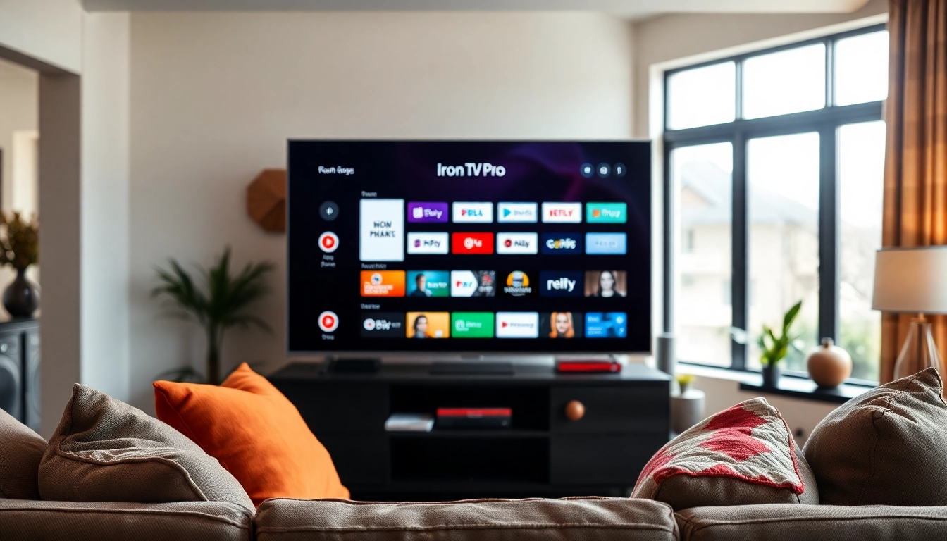 Experience "Iron TV Pro" showcased on a modern living room TV.